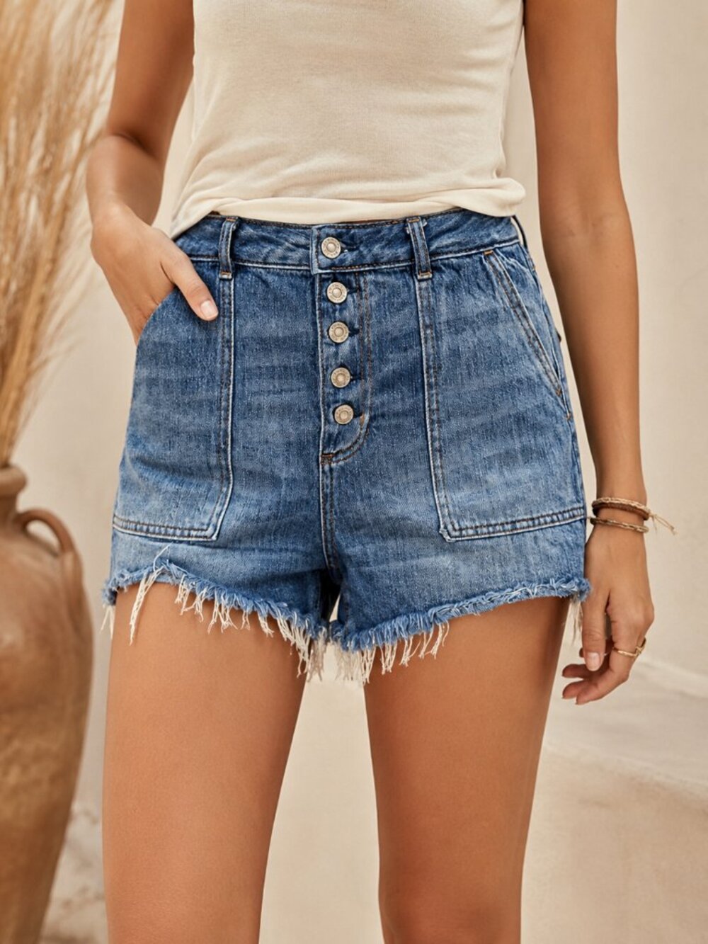 We The Free Free People Denim Shorts 29 Button Fly Cinch Back Raw Hem Cutoff